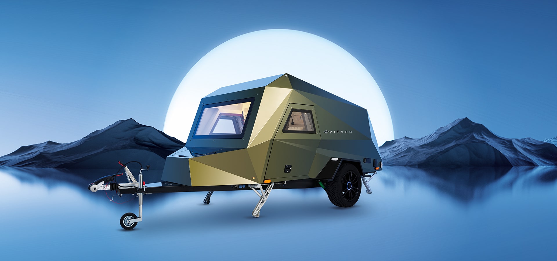 Mavi Vitarc karavan ön yüzü – şık, geometrik hatlara sahip, doğa gezileri için ideal taşınabilir karavan modeli